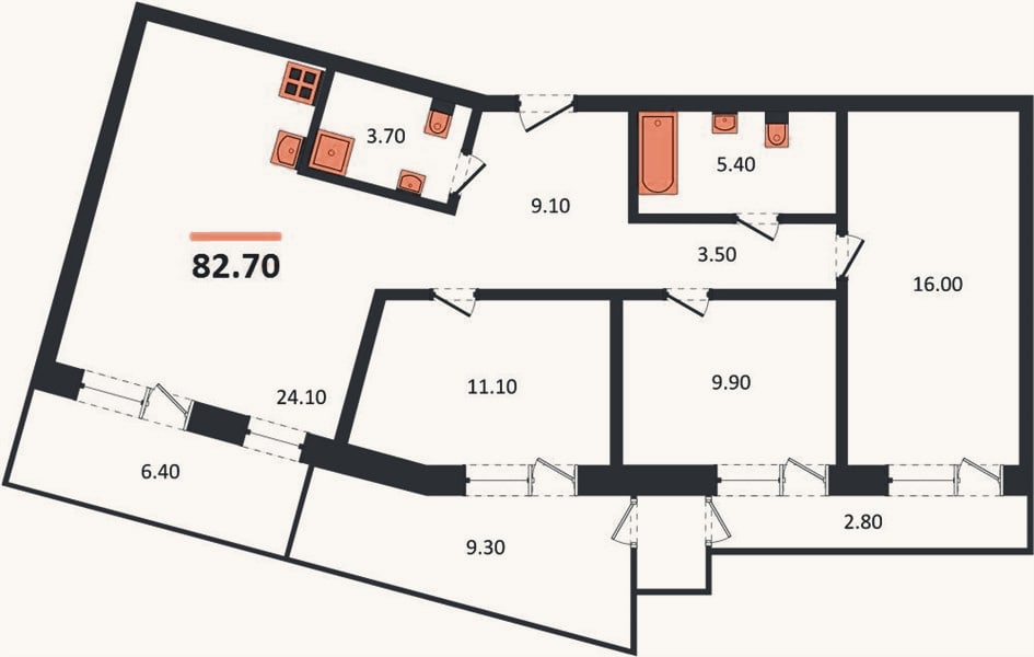 Планировка: 3-к, 82,7 м²