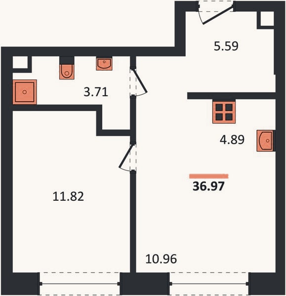 Планировка: 1-к, 37 м²