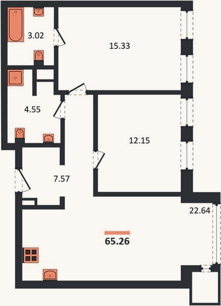 Планировка: 2-к, 65,3 м²