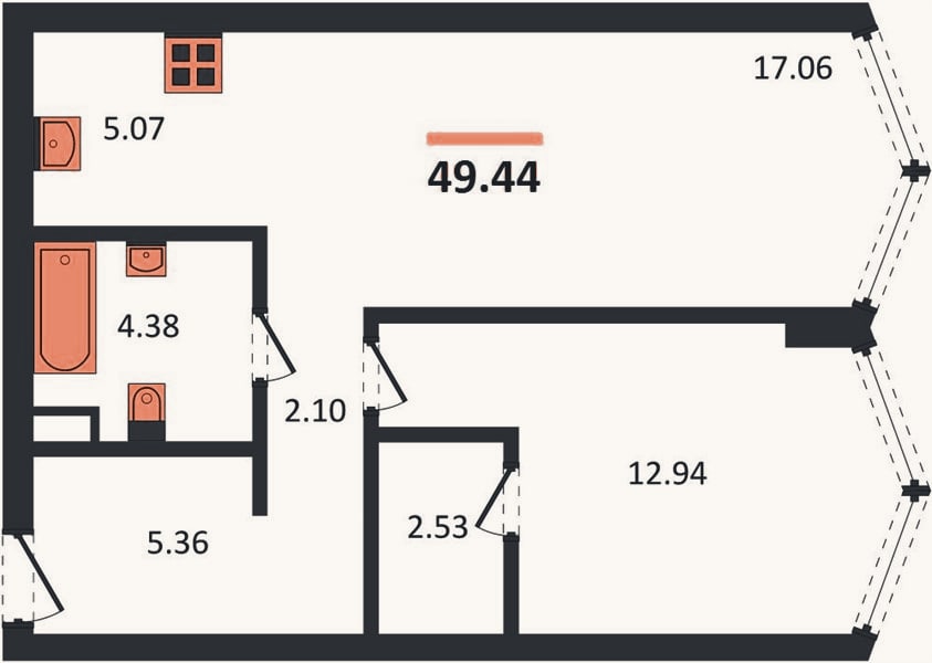 Планировка: 1-к, 49,4 м²