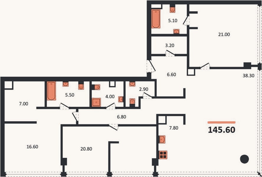 Планировка: 3-к, 145,6 м²