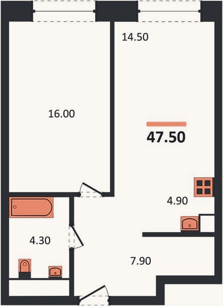 Планировка: 1-к, 47,5 м²
