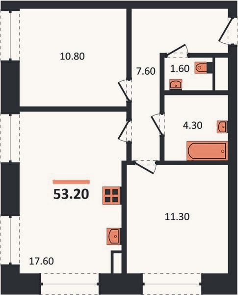 Планировка: 2-к, 53,2 м²