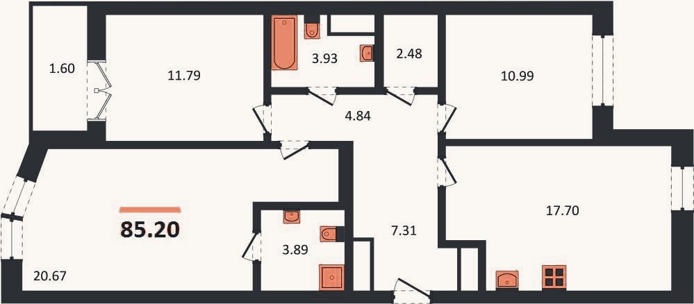 Планировка: 3-к, 85,2 м²