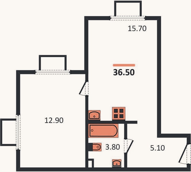 Планировка: 1-к, 36,5 м²