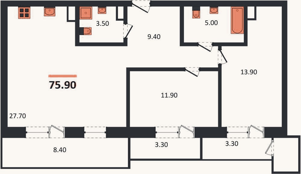Планировка: 2-к, 71,3 м²