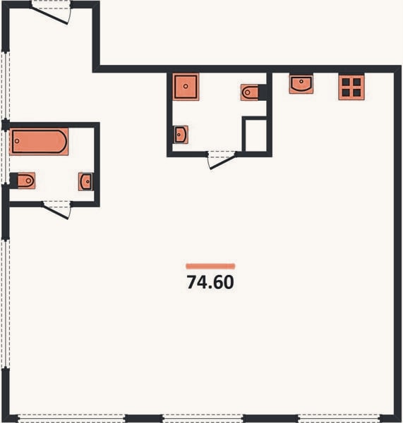 Планировка: 2-к, 74,6 м²