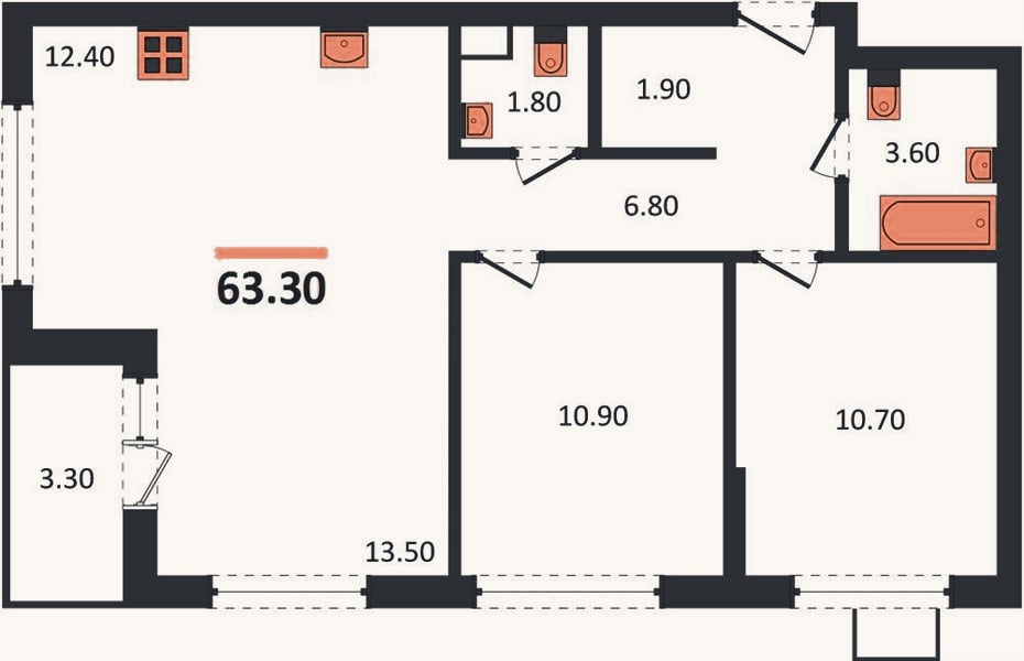 Планировка: 2-к, 63,3 м²