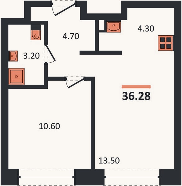 Планировка: 1-к, 36,3 м²