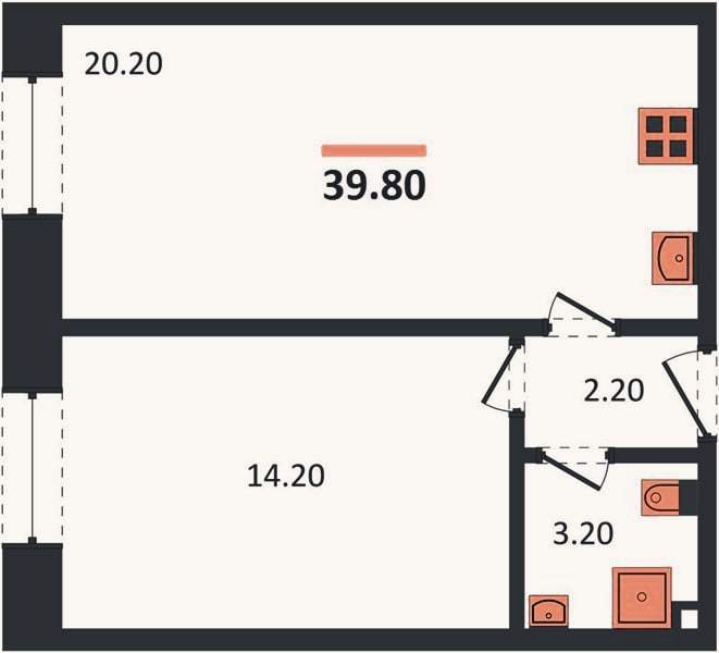 Планировка: 1-к, 38,5 м²