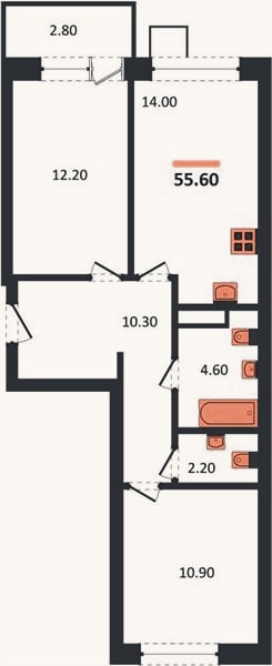 Планировка: 2-к, 55,6 м²