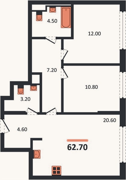 Планировка: 2-к, 62,6 м²