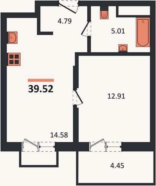 Планировка: 1-к, 39,5 м²