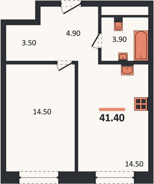 Планировка: 1-к, 41,3 м²