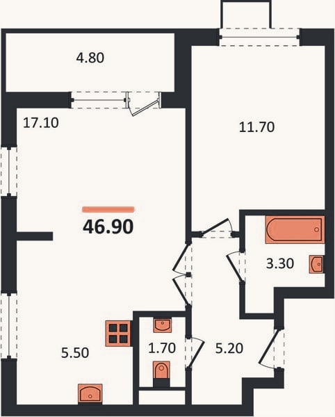 Планировка: 2-к, 46,9 м²