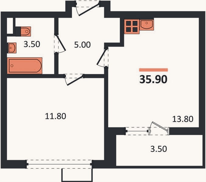 Планировка: 1-к, 35,9 м²