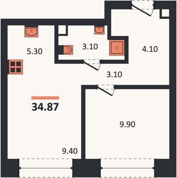 Планировка: 1-к, 34,9 м²