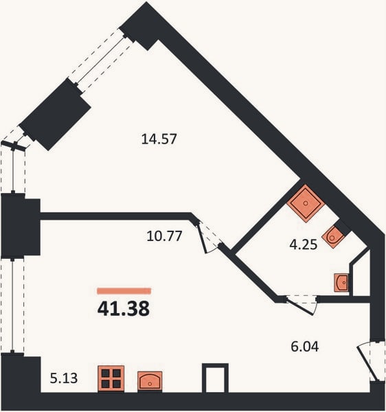 Планировка: 1-к, 41,4 м²