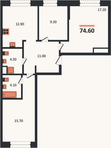 Планировка: 3-к, 74,6 м²