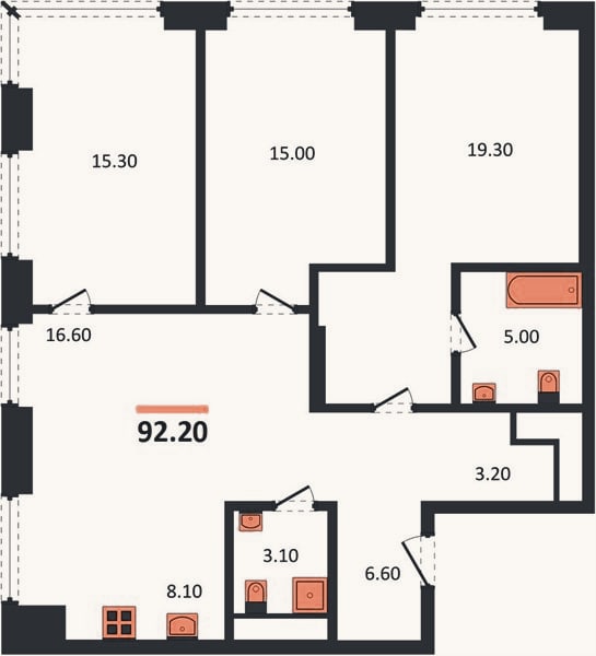 Планировка: 3-к, 92,2 м²