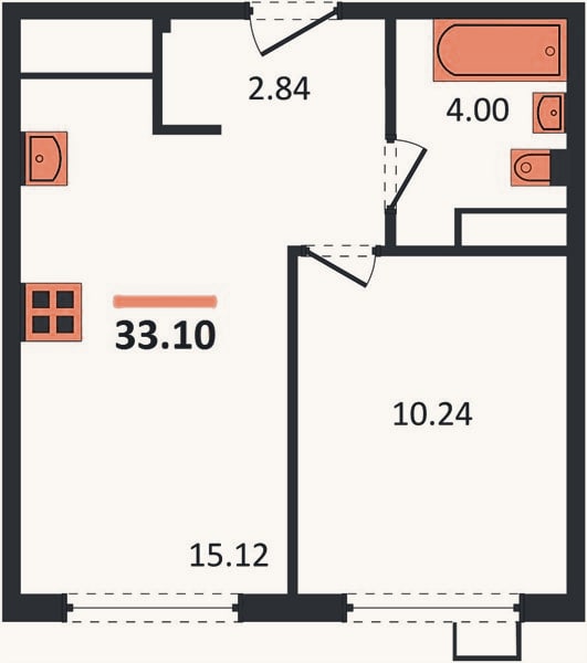 Планировка: 1-к, 33,1 м²