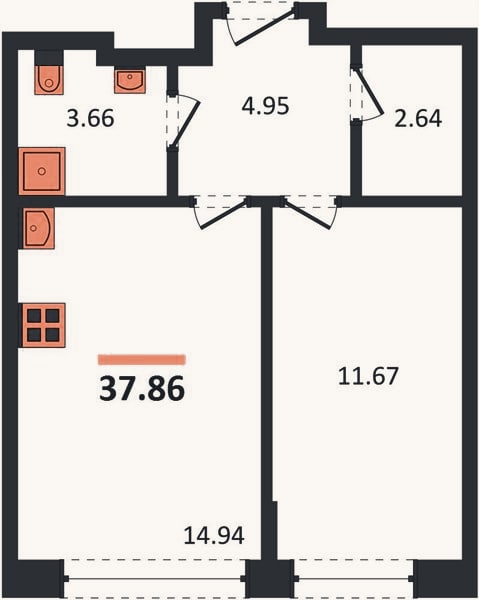 Планировка: 1-к, 37,9 м²