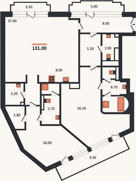 Планировка: 2-к, 131 м²