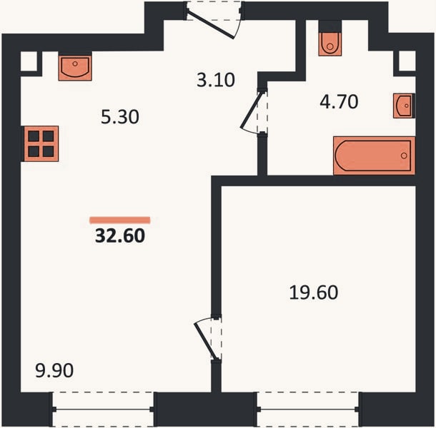 Планировка: 1-к, 32,6 м²