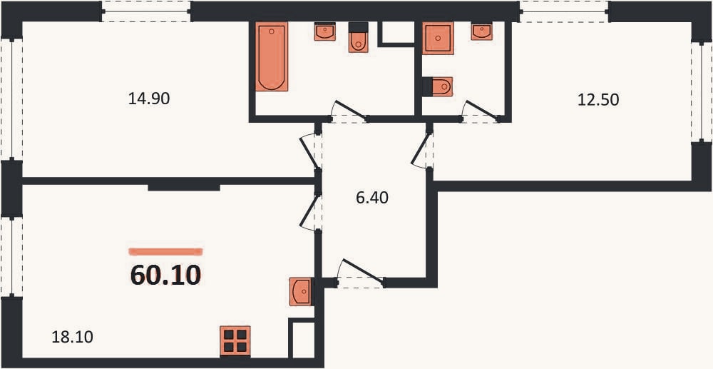 Планировка: 2-к, 58 м²