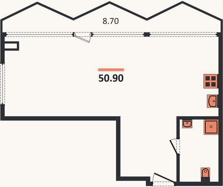 Планировка: 1-к, 50,9 м²