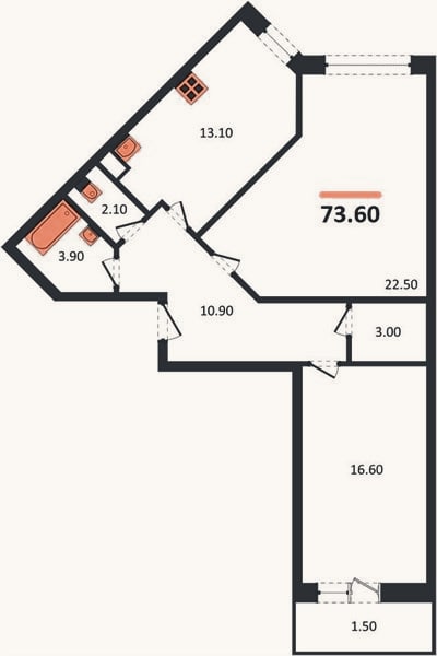 Планировка: 2-к, 73,6 м²