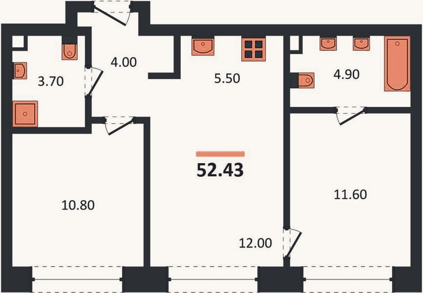 Планировка: 2-к, 52,4 м²