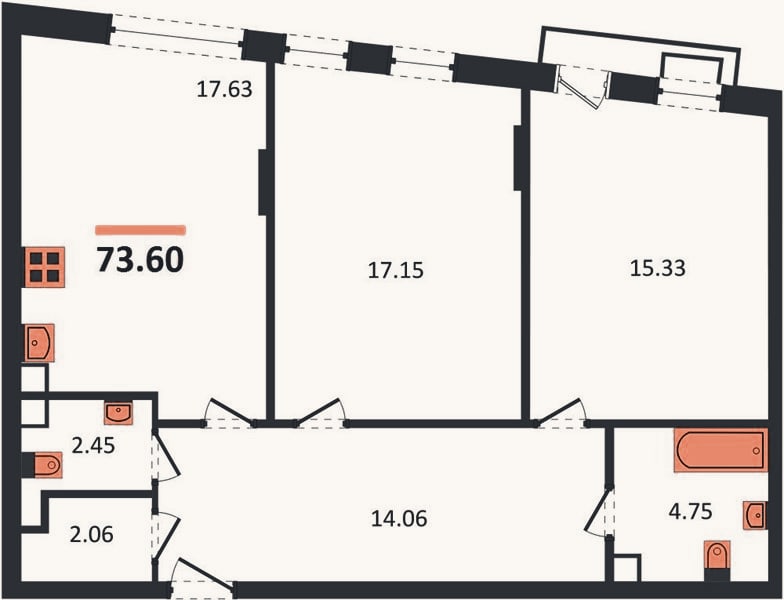 Планировка: 2-к, 73,6 м²