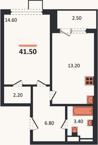 Планировка: 1-к, 41,5 м²