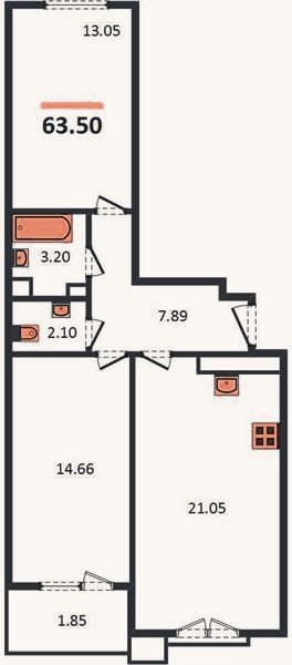 Планировка: 2-к, 63,5 м²