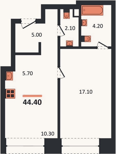 Планировка: 1-к, 44,4 м²