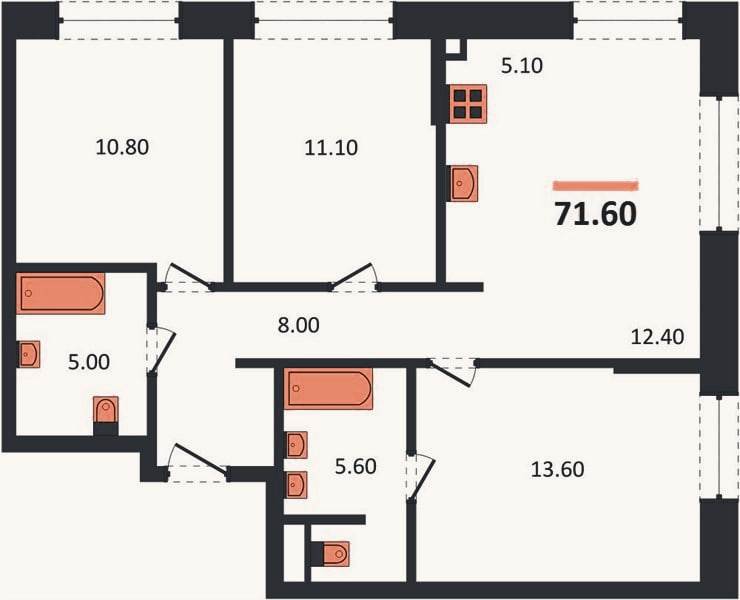 Планировка: 3-к, 71,6 м²