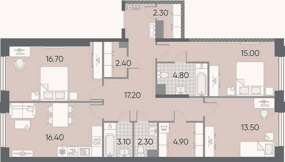 Планировка: 3-к, 98,6 м²