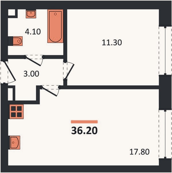 Планировка: 1-к, 36,2 м²