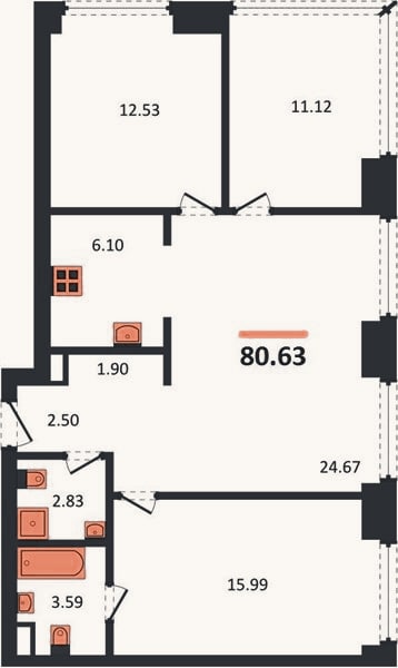 Планировка: 3-к, 80,6 м²
