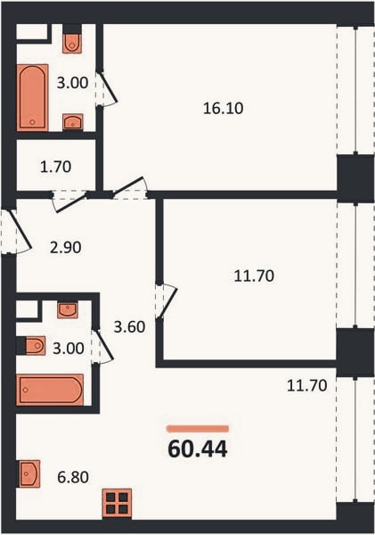 Планировка: 2-к, 60,4 м²