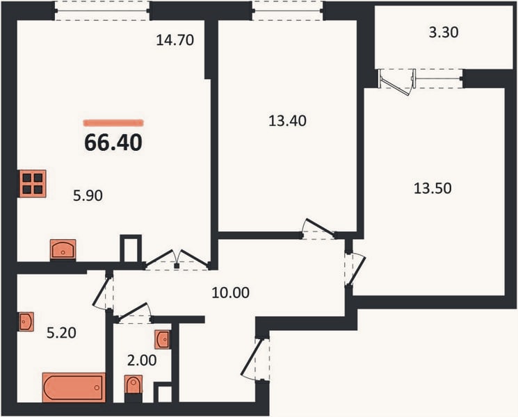 Планировка: 2-к, 66,4 м²