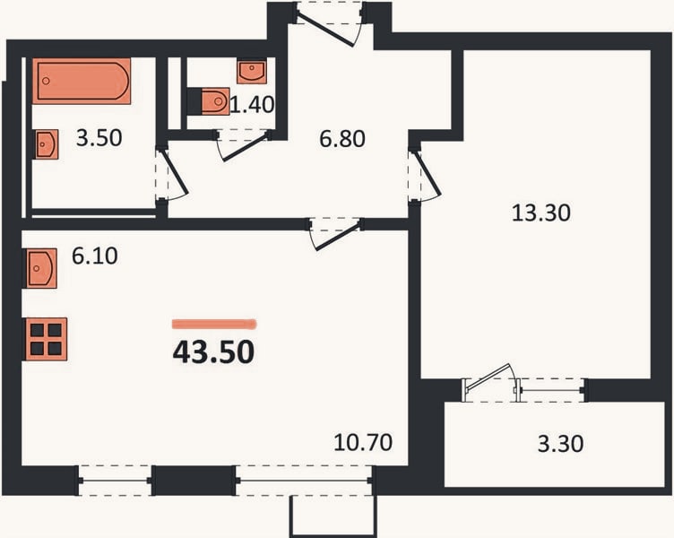 Планировка: 1-к, 43,5 м²