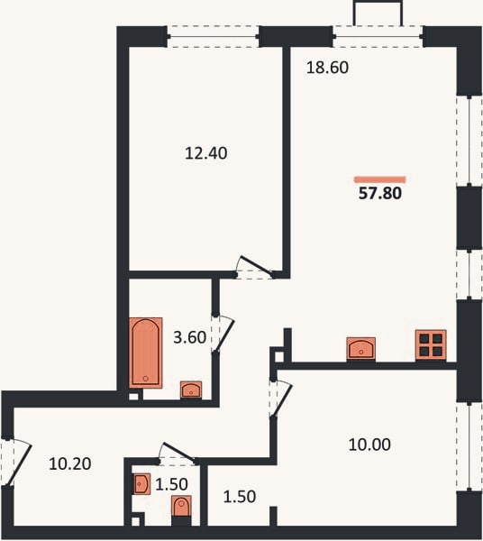 Планировка: 2-к, 56,2 м²