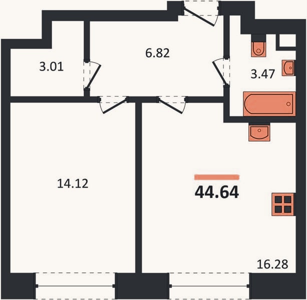 Планировка: 1-к, 44,6 м²