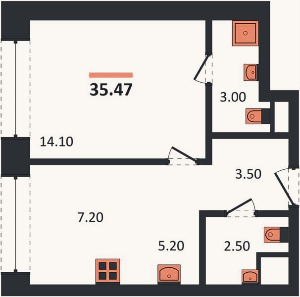 Планировка: 1-к, 35,5 м²