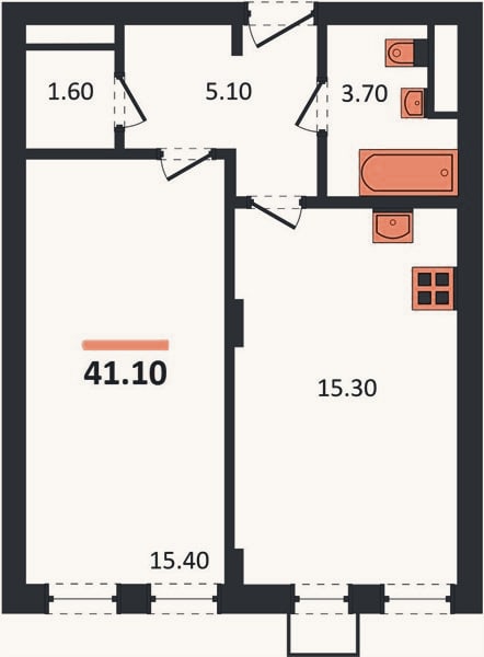 Планировка: 1-к, 41,1 м²