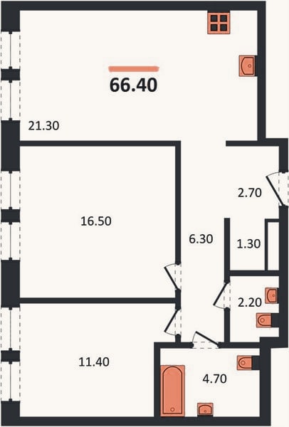 Планировка: 2-к, 66,4 м²