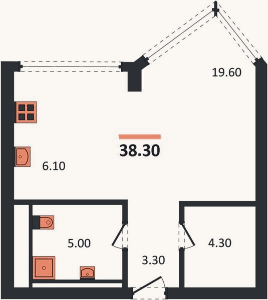 Планировка: Студия, 38,3 м²