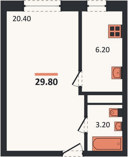 Планировка: 1-к, 29,8 м²